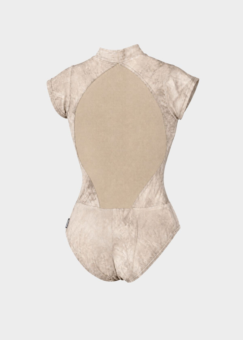A short-sleeve one-piece leotard shown from the back, featuring a large beige central panel and a marbled beige