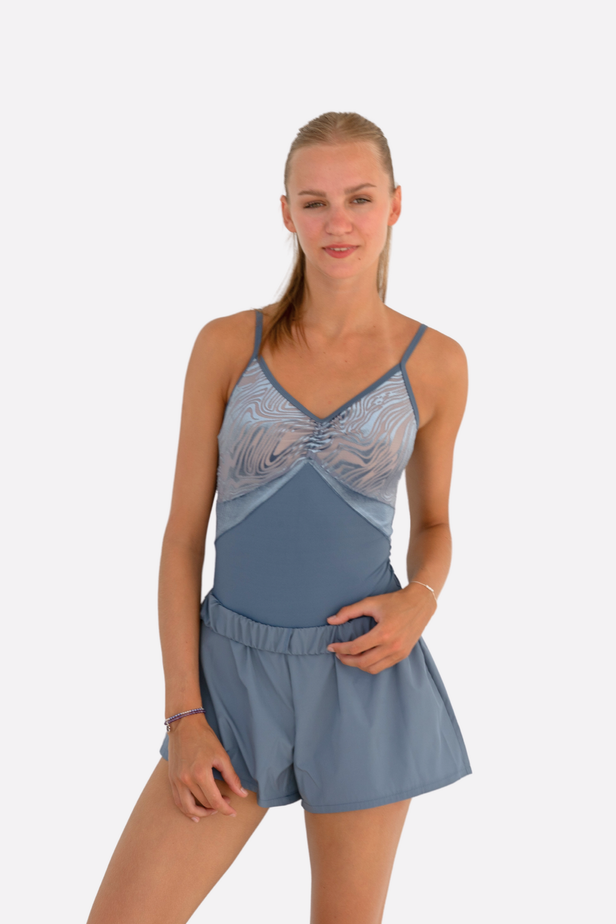 LUNA Thin-Strap Ballet and Dance Leotard in moonlight blue, front view styled with shorts