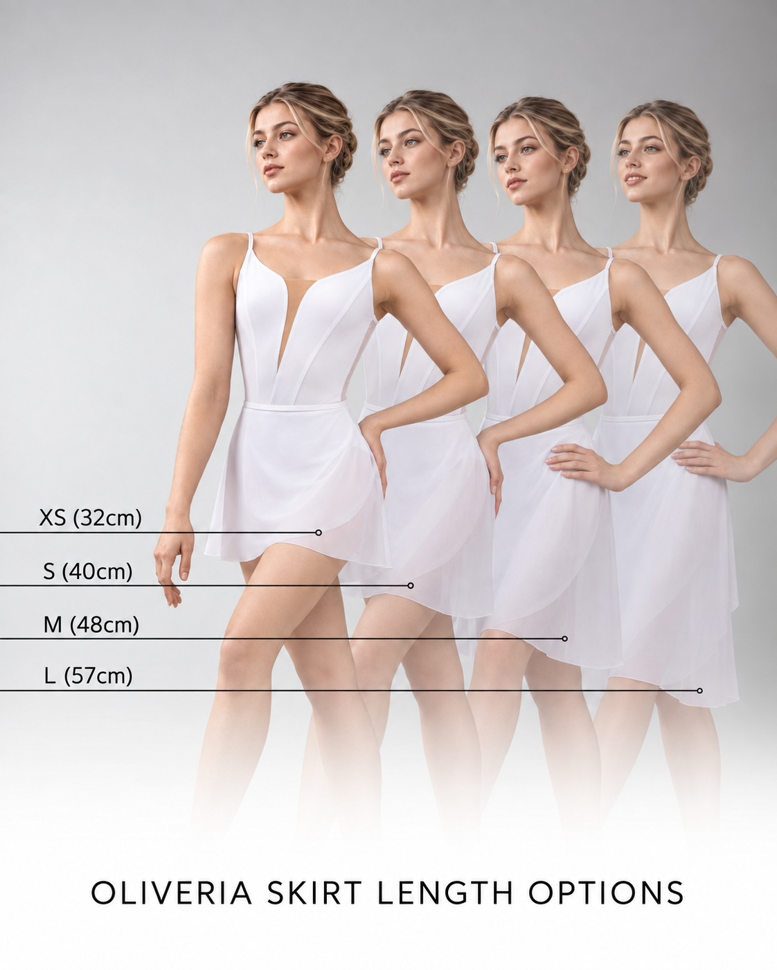 OLIVERIA ballet skirt length guide comparing four skirt lengths on a dancer