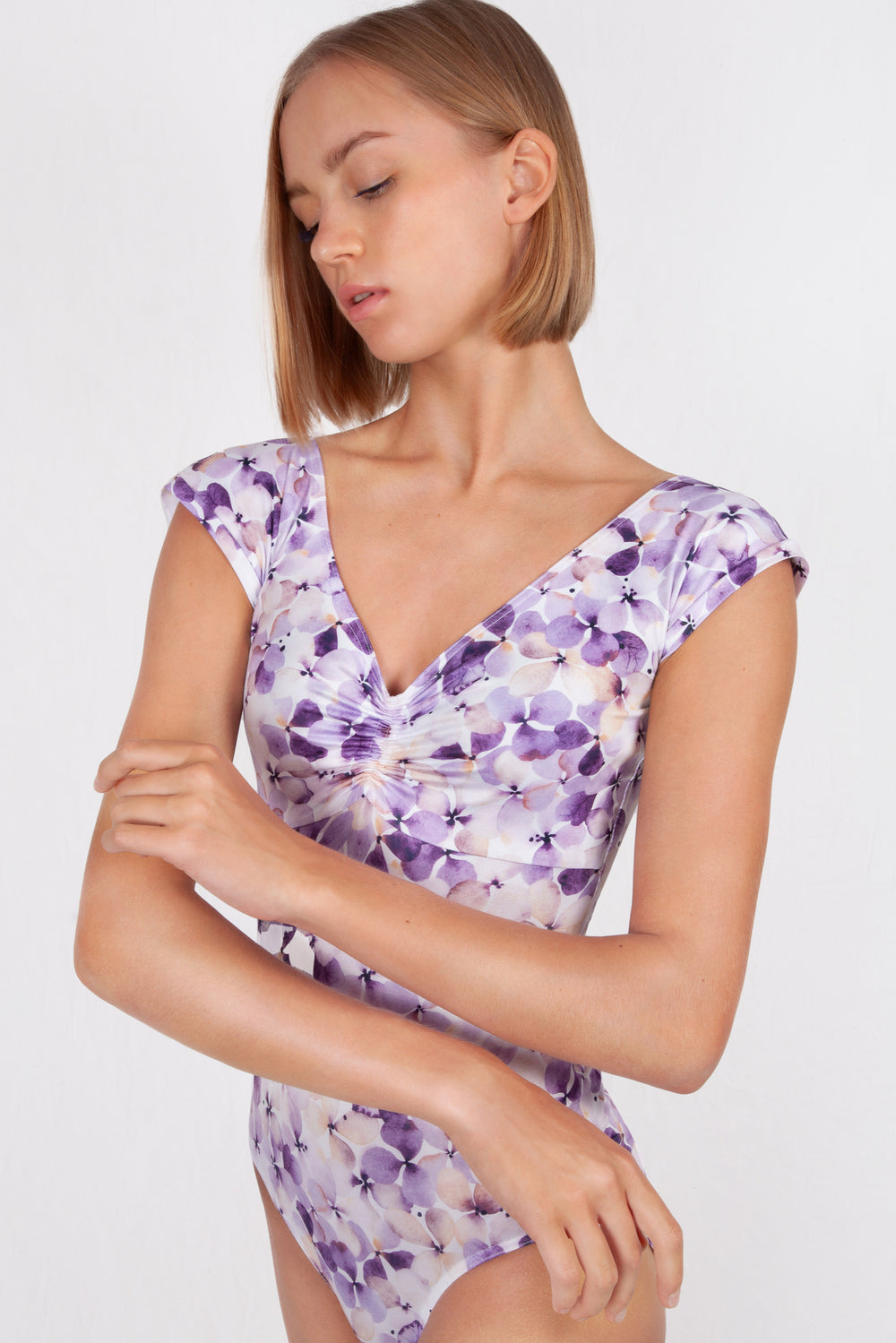 EMMANUELLE floral ballet and dance leotard in frisbee purple – front view