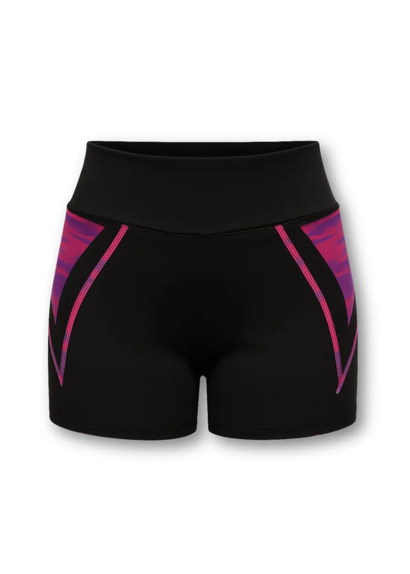 Black athletic shorts with pink and purple geometric patterns on /IVY rhythmic gymnastics shorts front view