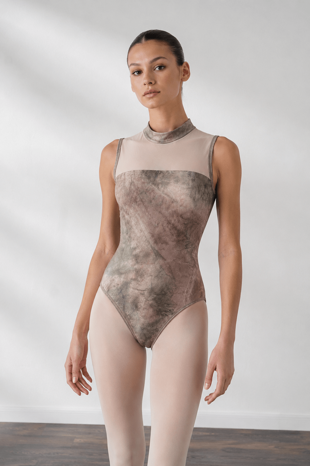 JANA high-neck ballet and dance leotard with sheer mesh details and marble print