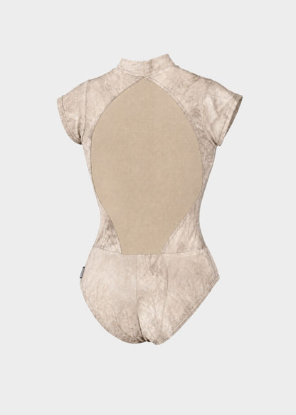 A short-sleeve one-piece leotard shown from the back, featuring a large beige central panel and a marbled beige