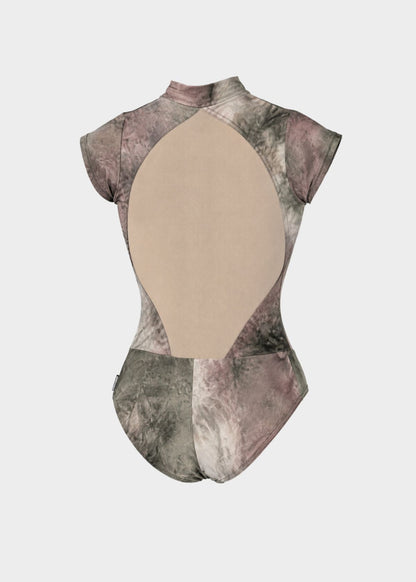 JESSICA high-neck marble Ballet & Dance leotard with sheer mesh neckline on model