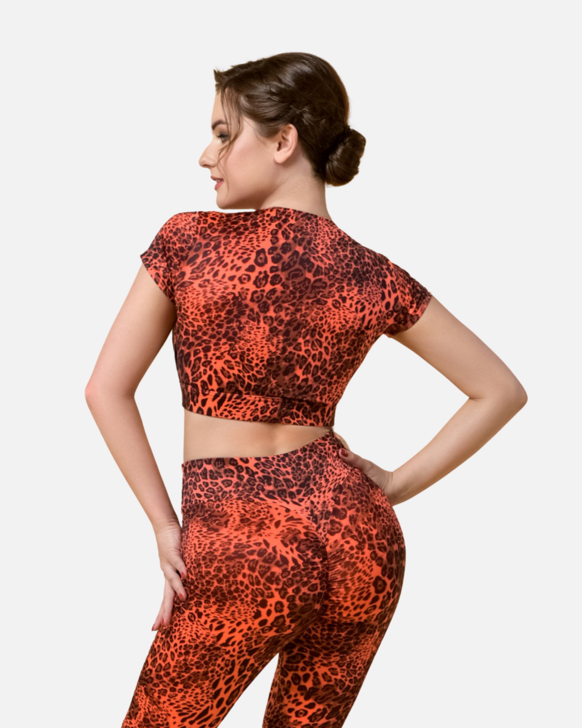 MALIA Yoga & Pilates Crop Top in Coral Leopard Print – Back View
