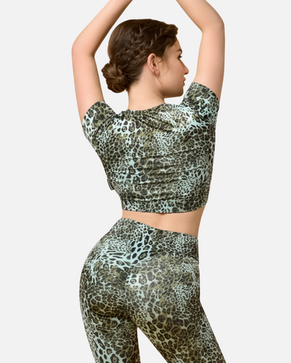 MALIA Yoga & Pilates Crop Top in Green Leopard Print – Back View