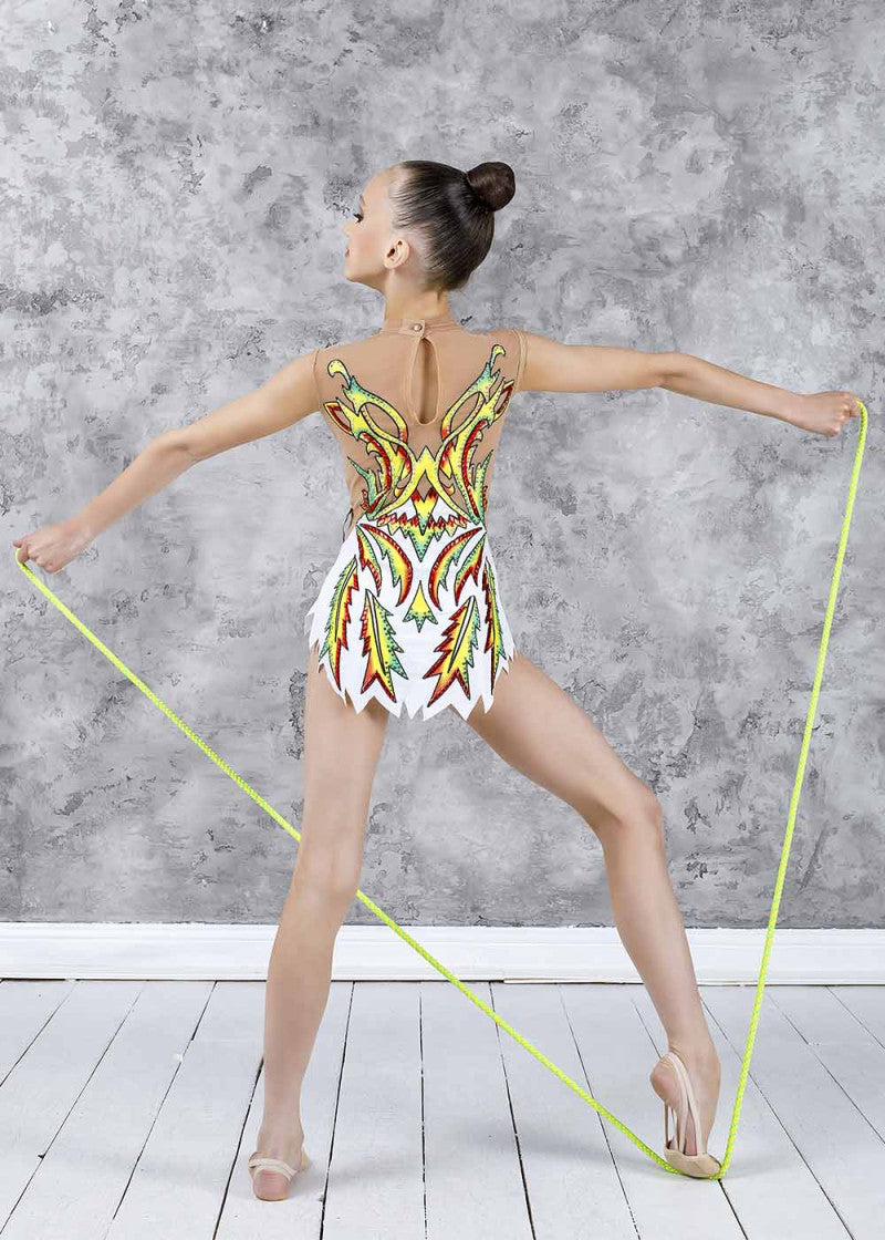 TWIN.D white rhythmic gymnastics leotard with flame design