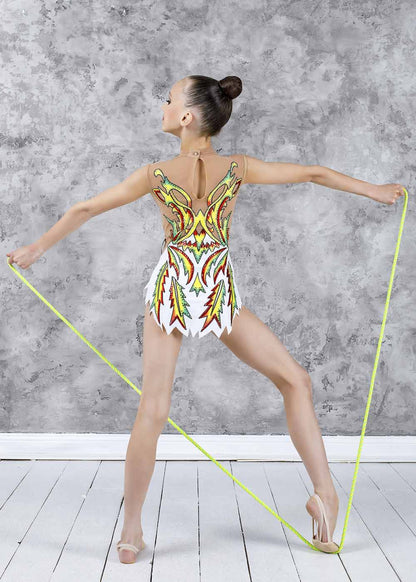 TWIN.D white rhythmic gymnastics leotard with flame design
