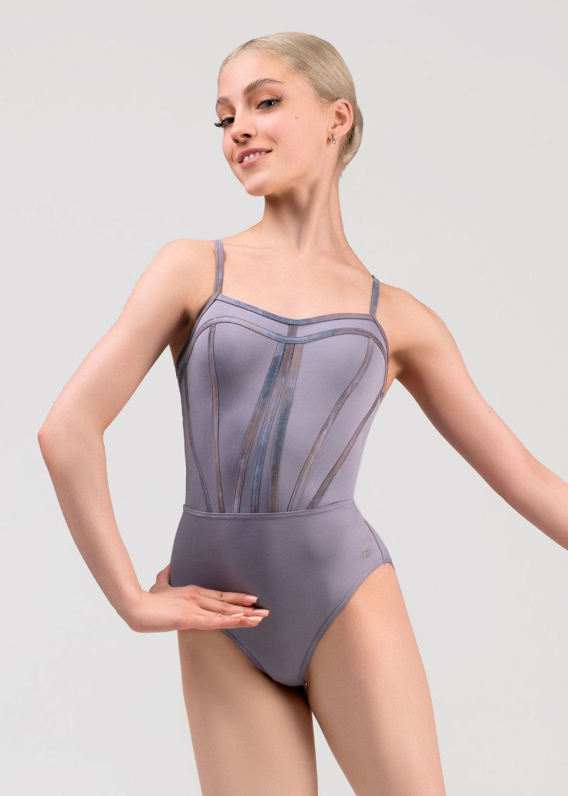 SIMONE Updated Corset-Inspired Ballet and Dance Leotard in pale violet, close front view showing corset-style seam details