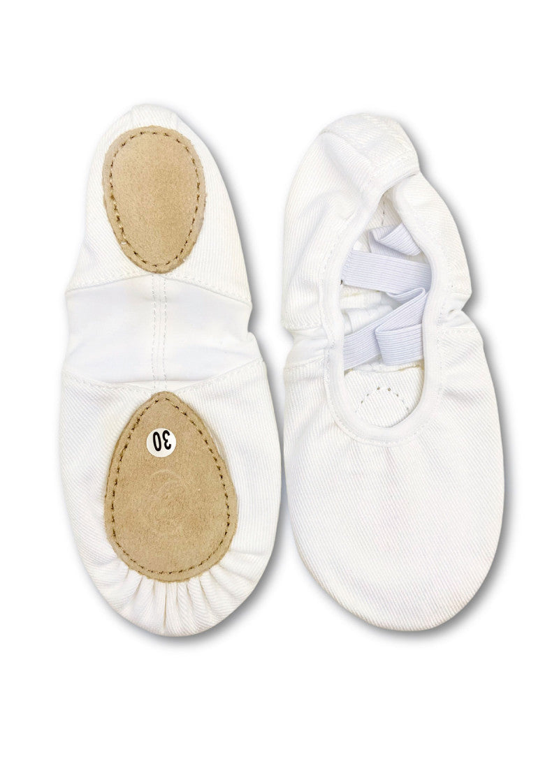 ATTITUDE Advance Stretch Ballet and Dance Shoes in white, top and sole views showing split soles