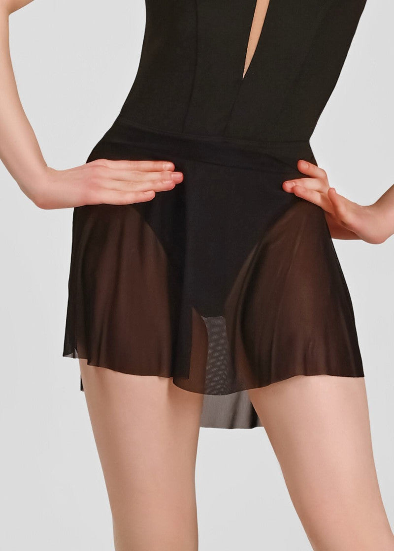 OLSEN Mesh Ballet and Dance Skirt in black, close front view showing the sheer flared skirt