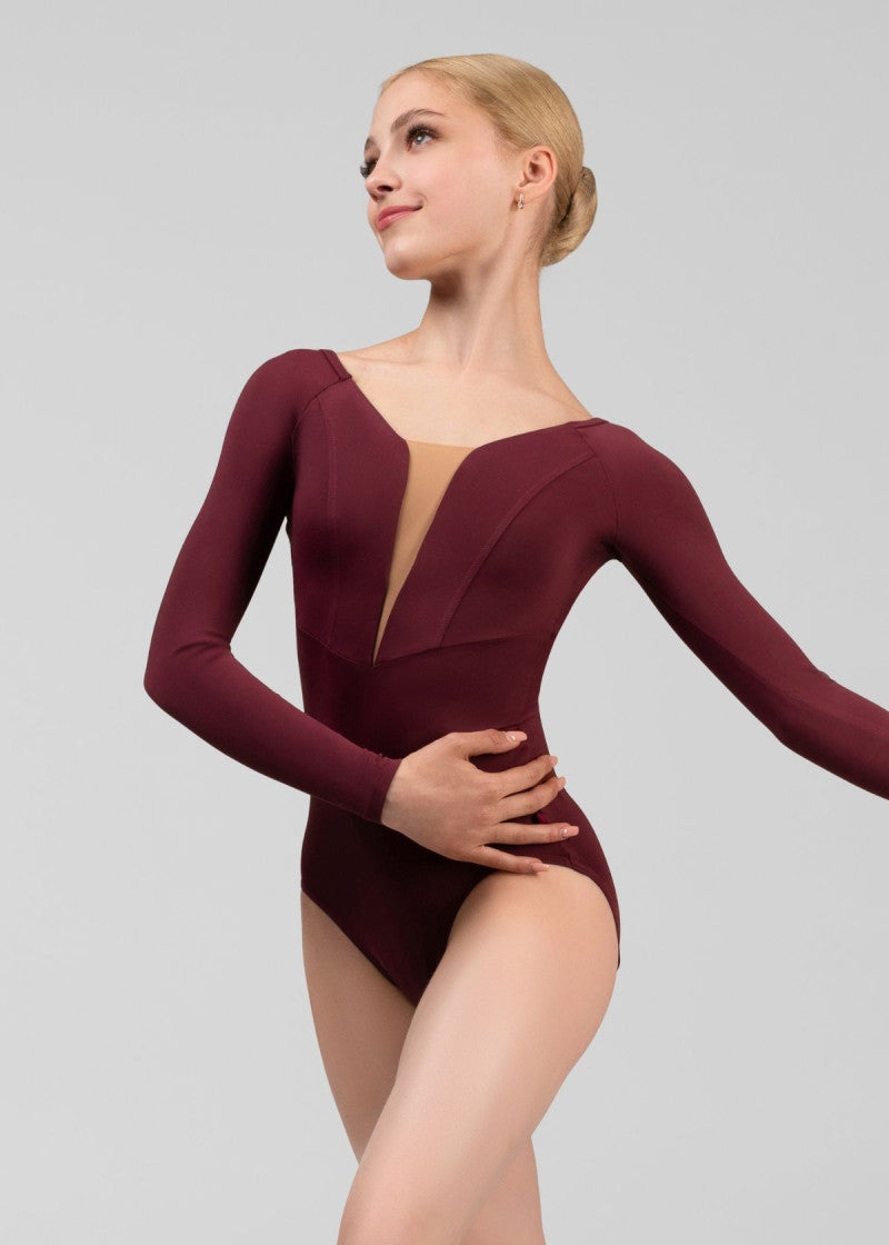 DANICA Updated Long Sleeve Ballet and Dance Leotard in Italian plum, close front view showing the deep V mesh inset
